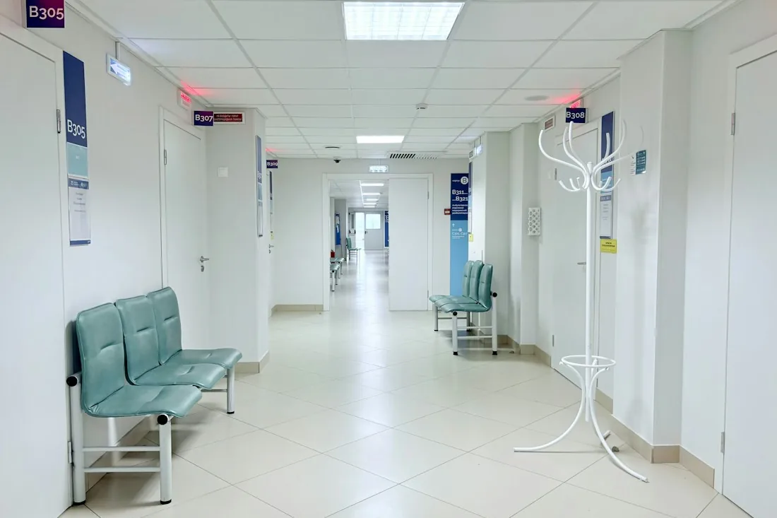 Hospital corridor with waiting benches