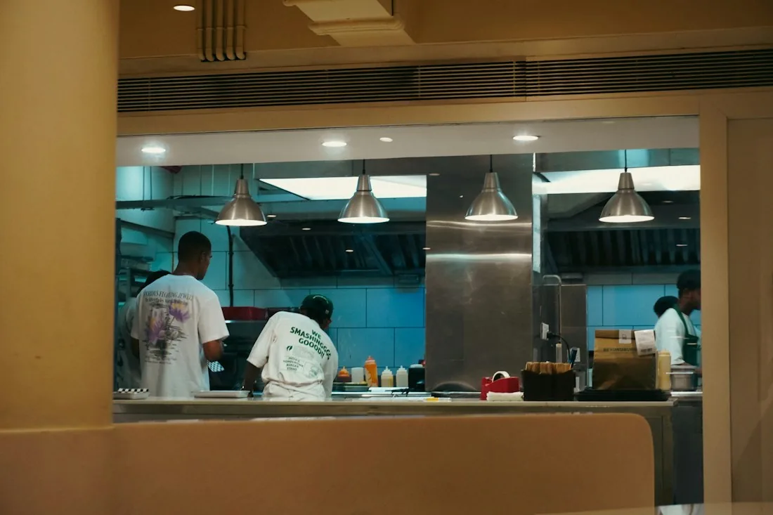 Kitchen team working through service