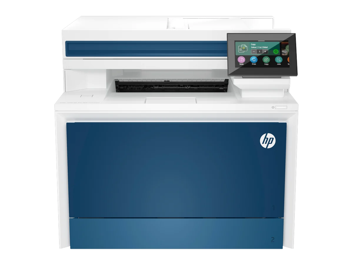 HP Color LaserJet Pro MFP 4303fdw printer, front view, white with a blue front panel and a touchscreen control panel